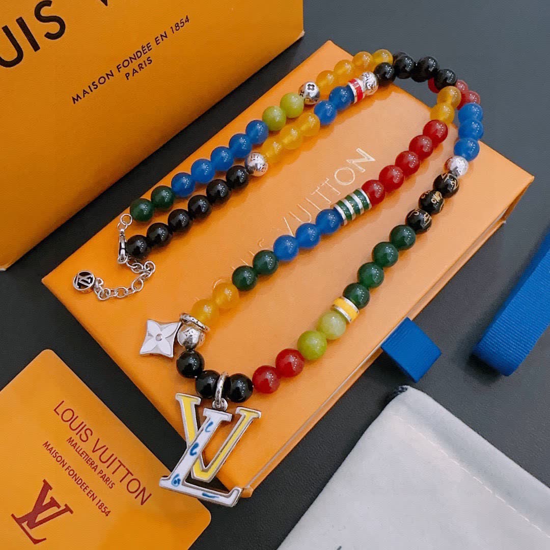 Louis Vuitton Beaded Necklace with Logo Pendant